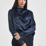 Blusa donna satinata con drappeggio blu navy S6WM56 N12 SEMICOUTURE 