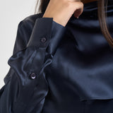 Blusa donna satinata con drappeggio blu navy S6WM56 N12 SEMICOUTURE 