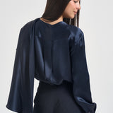 Blusa donna satinata con drappeggio blu navy S6WM56 N12 SEMICOUTURE 