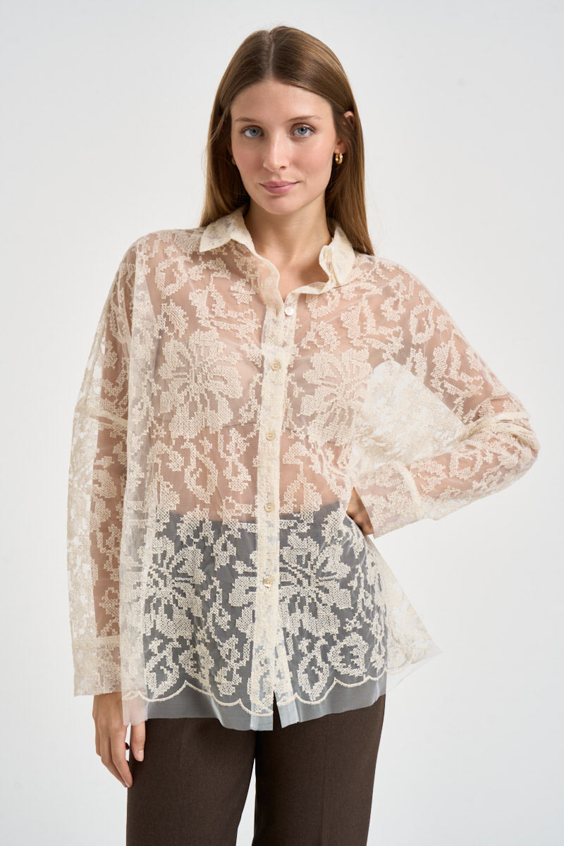 Camicia donna toulle effetto pizzo burro S6WQ45 E64 SEMICOUTURE 