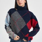 Maglia donna a collo alto con rombi blu navy Y6WE91 B71 SEMICOUTURE 
