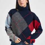 Maglia donna a collo alto con rombi blu navy Y6WE91 B71 SEMICOUTURE 