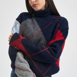 Maglia donna a collo alto con rombi blu navy Y6WE91 B71 SEMICOUTURE 