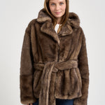 Giacca donna in ecopelliccia con cinta marrone 66756 9475BEIGE STAND STUDIO 