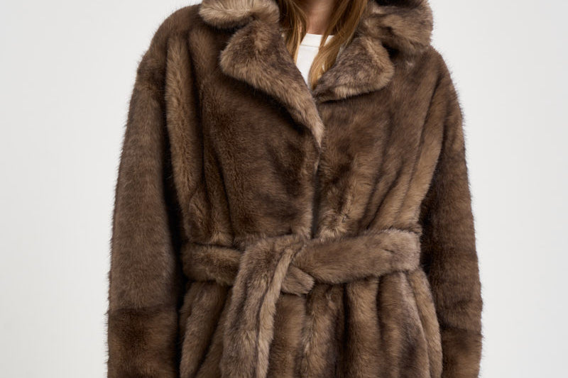 Giacca donna in ecopelliccia con cinta marrone 66756 9475BEIGE STAND STUDIO 