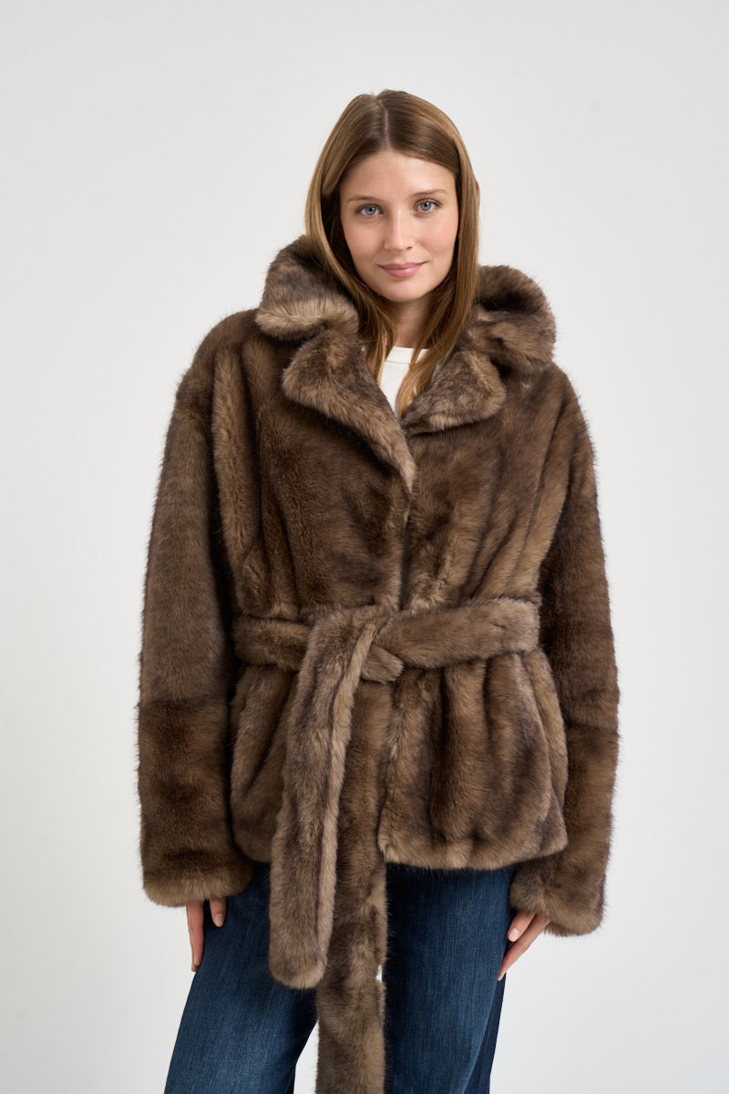 Giacca donna in ecopelliccia con cinta marrone 66756 9475BEIGE STAND STUDIO 