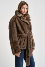 Giacca donna in ecopelliccia con cinta marrone 66756 9475BEIGE STAND STUDIO 