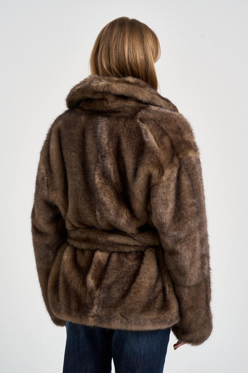 Giacca donna in ecopelliccia con cinta marrone 66756 9475BEIGE STAND STUDIO 