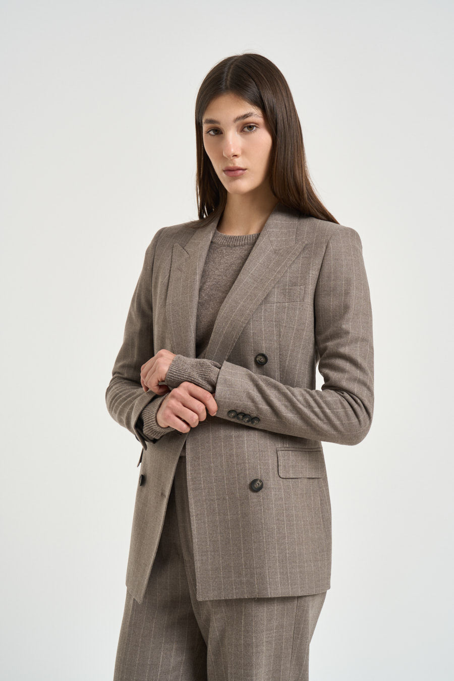 Tailleur donna Parigi gessato tortora 930005 T1296 TAGLIATORE 