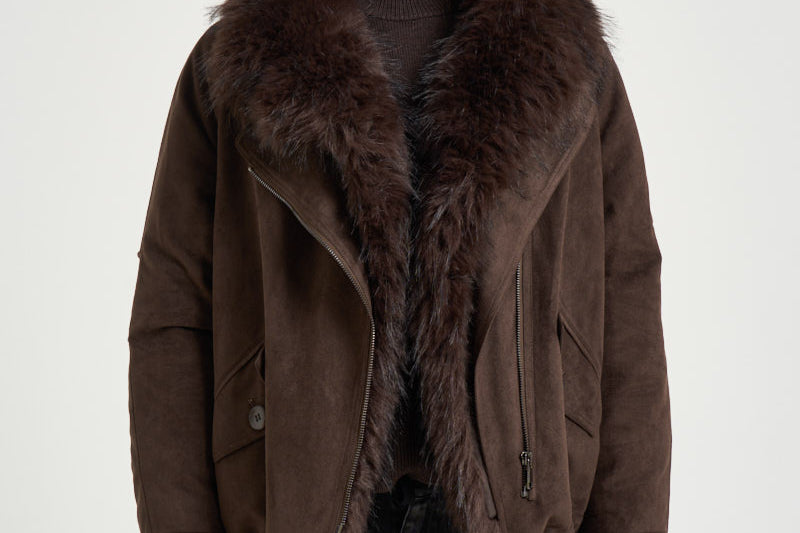 Giacca donna corta con collo in ecopelliccia fondente 4140 SUEDECHOCOLATE VALENTINI 