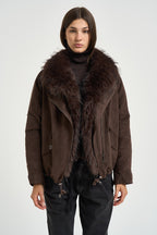 Giacca donna corta con collo in ecopelliccia fondente 4140 SUEDECHOCOLATE VALENTINI 