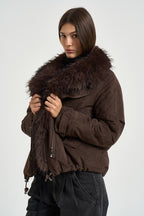 Giacca donna corta con collo in ecopelliccia fondente 4140 SUEDECHOCOLATE VALENTINI 