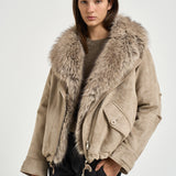 Giacca donna corta con collo in ecopelliccia avorio 4140 SUEDESTONE VALENTINI 