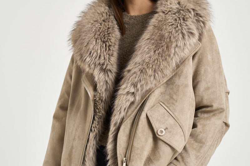 Giacca donna corta con collo in ecopelliccia avorio 4140 SUEDESTONE VALENTINI 