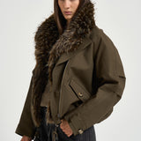 Giacca donna con collo in ecopelliccia verde oliva K6101 PARKAARMY GREEN VALENTINI 