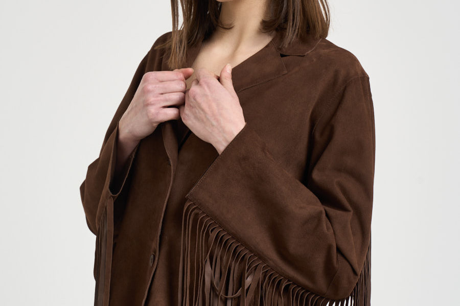 Giacca donna con frange in suede marrone 8730 CAFFE ACCADEMIE TESSILI 