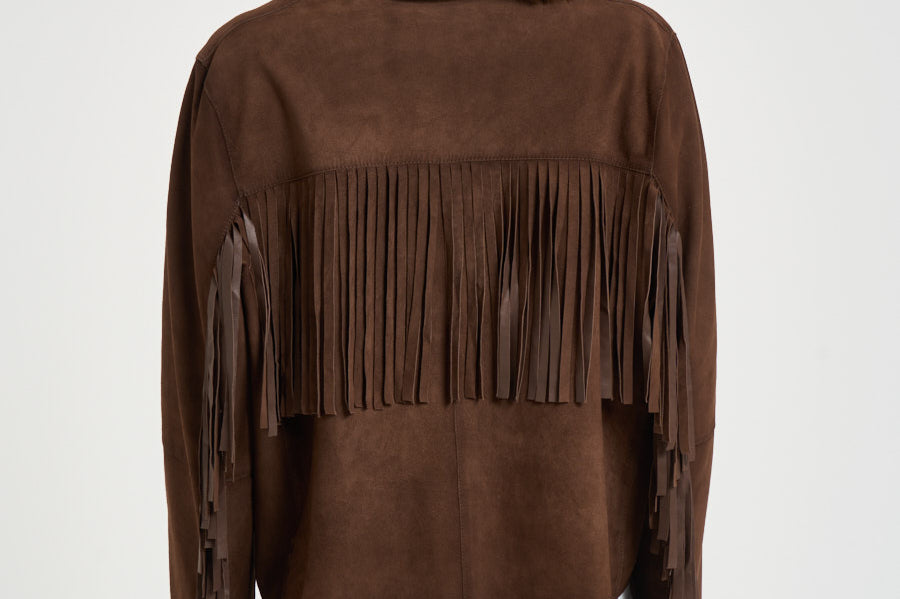 Giacca donna con frange in suede marrone 8730 CAFFE ACCADEMIE TESSILI 