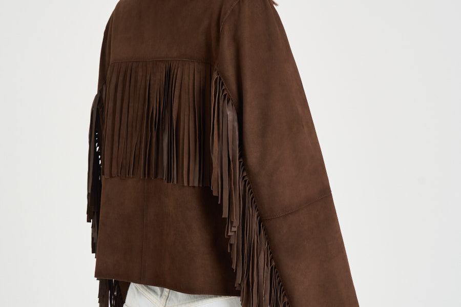 Giacca donna con frange in suede marrone 8730 CAFFE ACCADEMIE TESSILI 