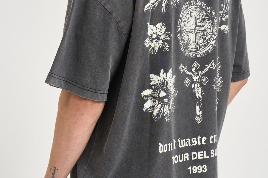T-shirt uomo grigio antracite con stampa OLIVINNE FADEDBLACK DON'T WASTE CULTURE 