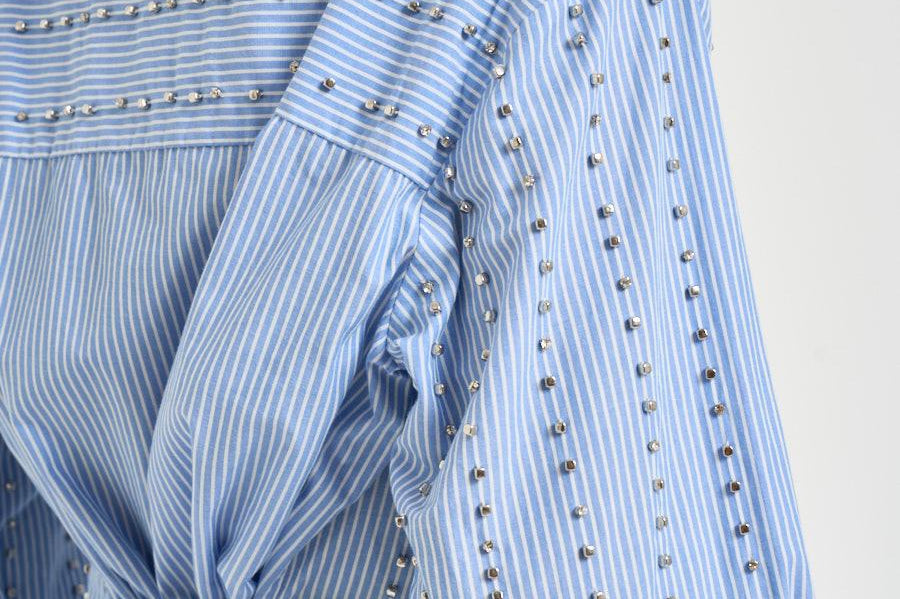 Camicia donna con strass azzurra 106225A32R CARLEYZE5 PINKO 