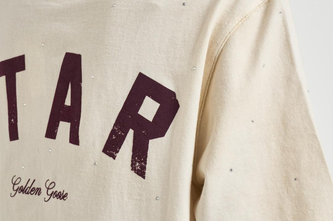 T-shirt donna girocollo avorio con strass GUP01873 P00242111616 GOLDEN GOOSE 