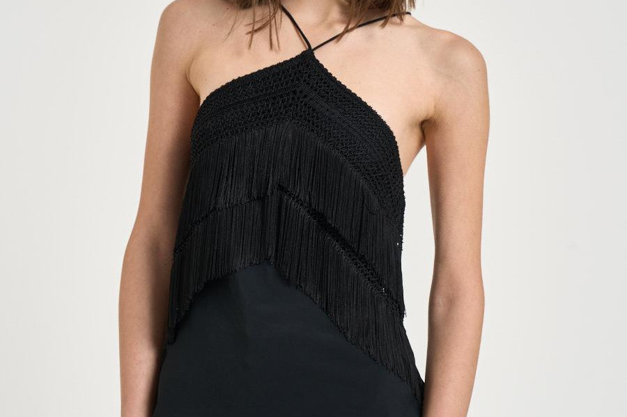 Top donna nero crochet e frange TM190913A BLACK THE ANDAMANE 