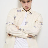Camicia uomo avorio con ricami blu LDM410216 215477IVORY/BLUPRINT LES DEUX 