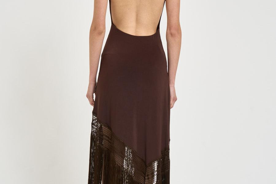 Abito donna lungo con frange marrone TM190159A DARKBROWN THE ANDAMANE 