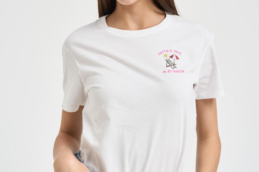 T-shirt donna girocollo bianca con ricamo EMILIE 03739L MC2 SAINT BARTH 