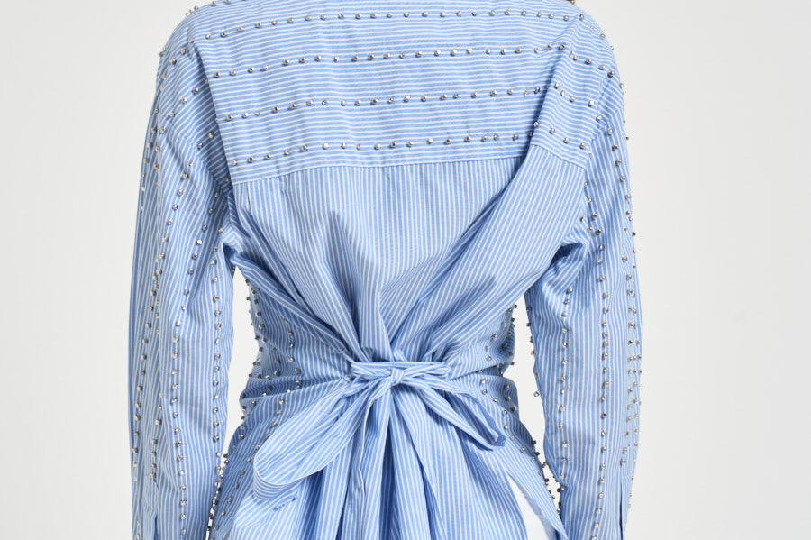 Camicia donna con strass azzurra 106225A32R CARLEYZE5 PINKO 