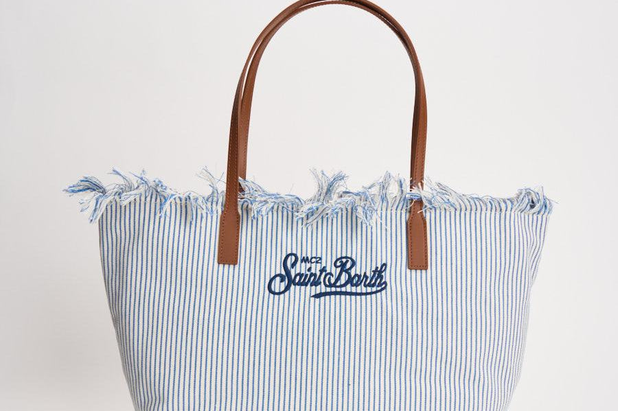 Borsa donna City in canvas a righe celeste CBF0001 TINYSTRIPES1017 MC2 SAINT BARTH 