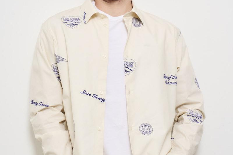 Camicia uomo avorio con ricami blu LDM410216 215477IVORY/BLUPRINT LES DEUX 