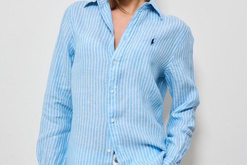 Camicia donna in lino gessata celeste 211970691 004 RALPH LAUREN 