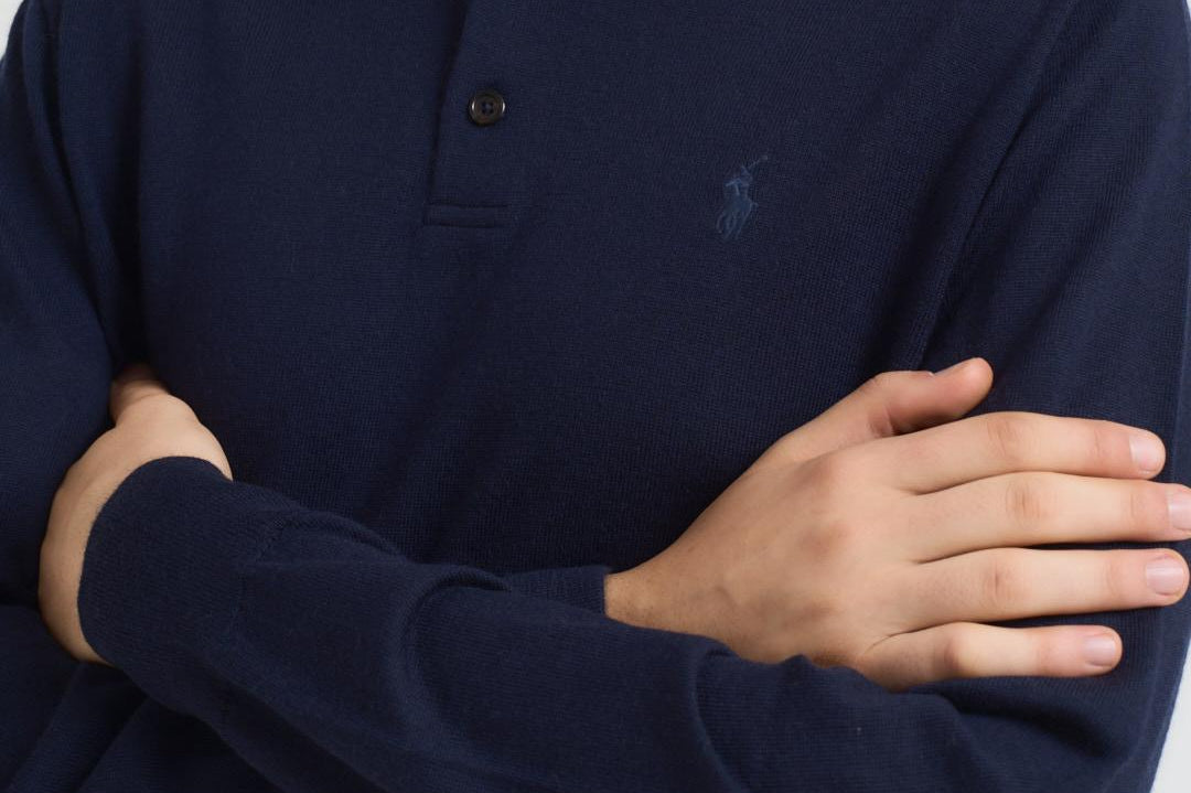 Maglia uomo in lana con colletto polo blu 710941104 001 RALPH LAUREN 