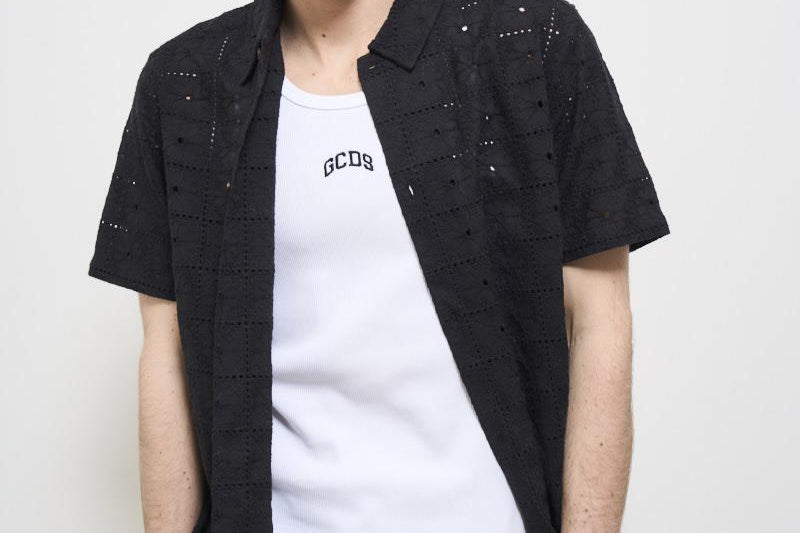Camicia uomo traforata nera LDM401099 100100BLACK LES DEUX 