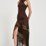 Abito donna lungo con frange marrone TM190159A DARKBROWN THE ANDAMANE 