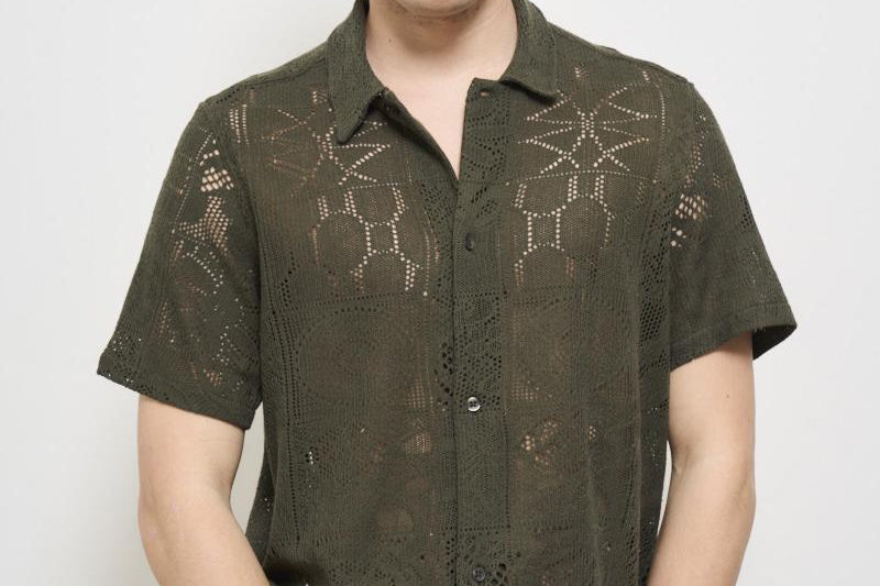 Camicia uomo traforata verde LDM401098 522522OLIV LES DEUX 