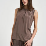 Top donna smanicato plissettato marrone A08634 07325151 PESERICO 