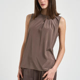 Top donna smanicato plissettato marrone A08634 07325151 PESERICO 