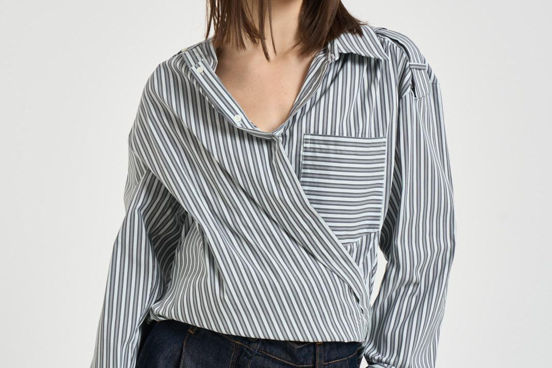 Camicia donna incrociata a righe bianca e grigia LACE MUL5726S IRO 