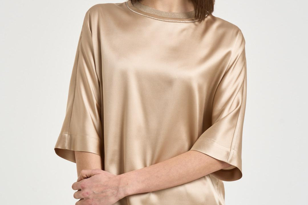 Blusa donna in raso beige A06871 2372E46E PESERICO 