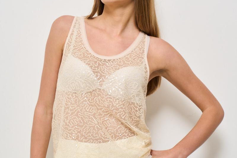 Top donna girocollo paillettes panna 104710 A2EXC03 PINKO 