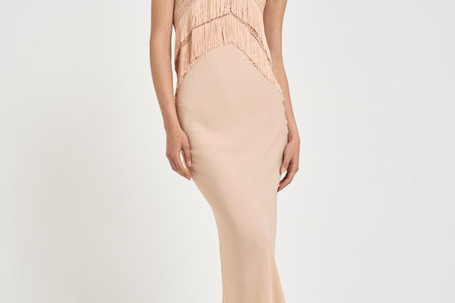 Abito donna lungo cipria macramè e frange TM190163A PEACH THE ANDAMANE 