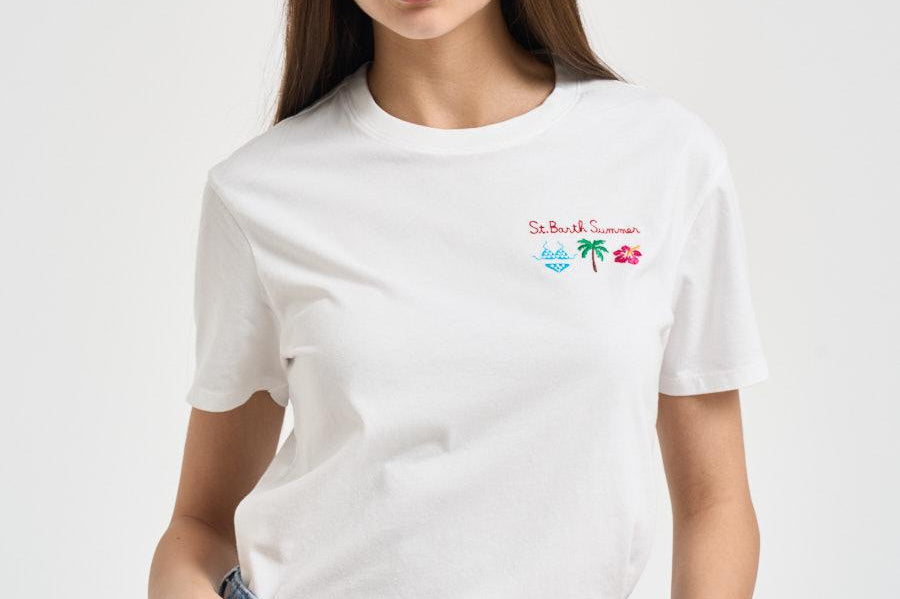 T-shirt donna girocollo bianca con ricamo EMILIE 09769L MC2 SAINT BARTH 