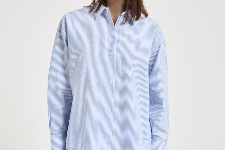 Camicia donna a righe azzurra e bianca CYS0001 AMA31 MC2 SAINT BARTH 