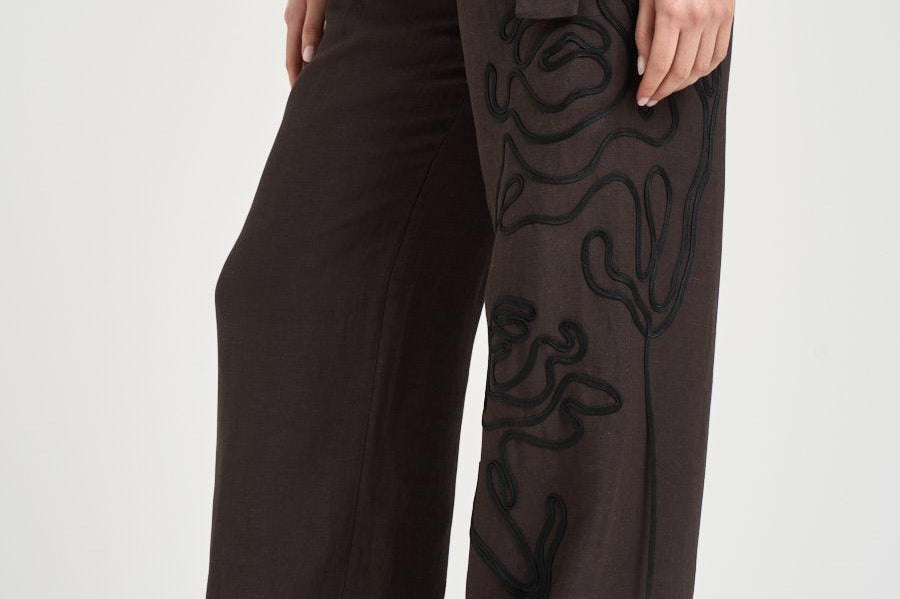 Pantalone donna palazzo marrone con ricami F6SL94 W18 LIVIANA CONTI 