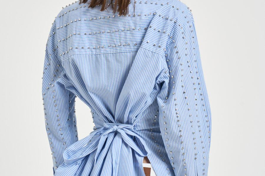 Camicia donna con strass azzurra 106225A32R CARLEYZE5 PINKO 