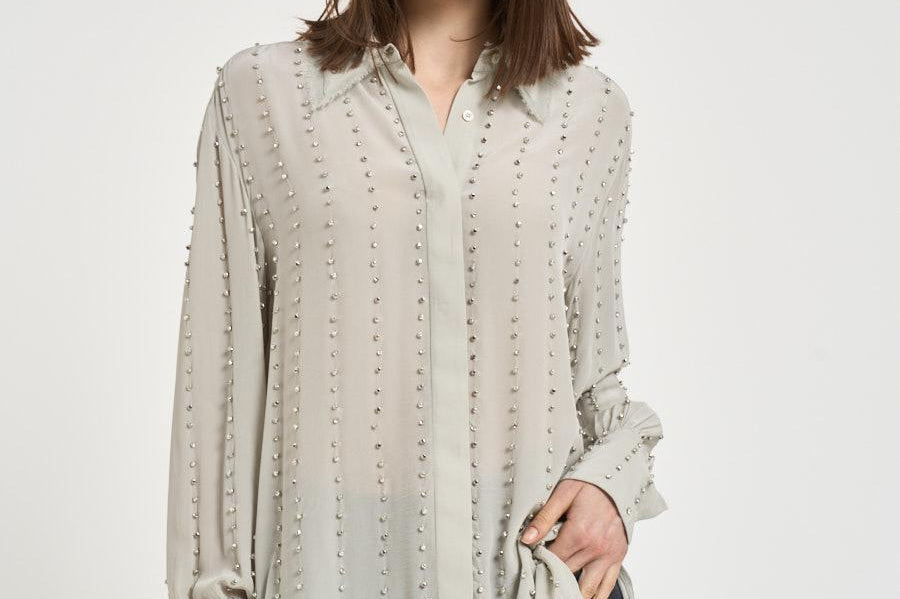 Camicia donna con strass grigia 106238A31F CAITLINI18 PINKO 