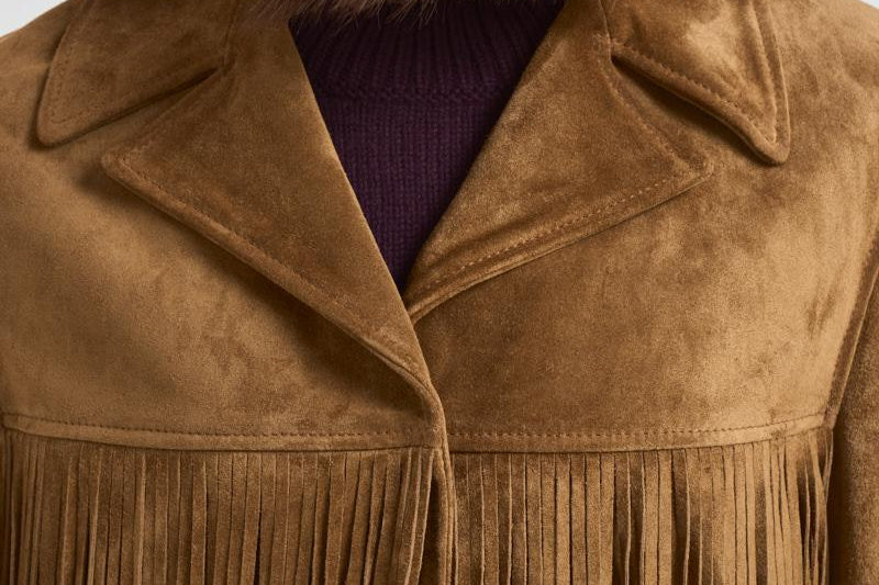 Giubbotto donna in suede cammello con frange GWP02368 P00216055678 GOLDEN GOOSE 