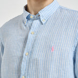 Camicia uomo in lino gessato celeste 710B15647 003 RALPH LAUREN 